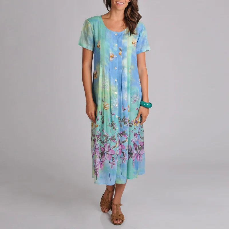 Embroidered Letters La Cera Women's Floral Pleat Button Front Dress - Blue