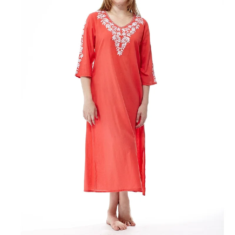 Bright Colors La Cera Women's Coral Cotton 3/4-sleeve Embroidered Caftan