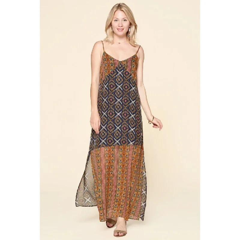Comfortable Outfits Navy-Mustard Polyester Mixed Printed Chiffon Maxi Slip Dress