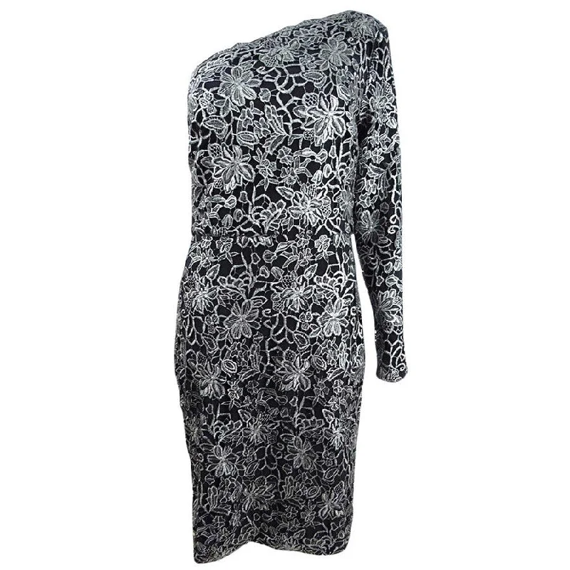 Daily Comfort Lauren Ralph Lauren Women's One-Shoulder Lace Dress (10, Black/Silver)