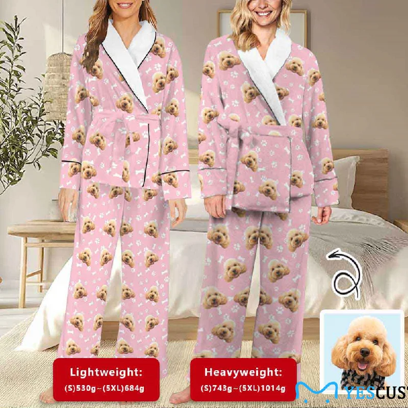 Innovative Design Custom Face Photo Pink 2 Piece Loungewear Set Personalized Women's Long Sleeve Tie Waist Pocket Flannel Pajama Set