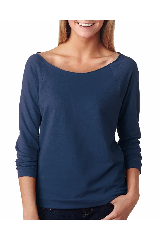 Fashion Expert Next Level Womens French Terry 3/4 Sleeve Wide Neck T-Shirt - Indigo Blue - Closeout