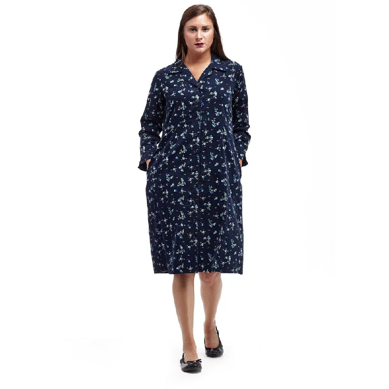 Feminine Charm La Cera Women's Navy Cotton Button-front Corduroy Shirt Dress