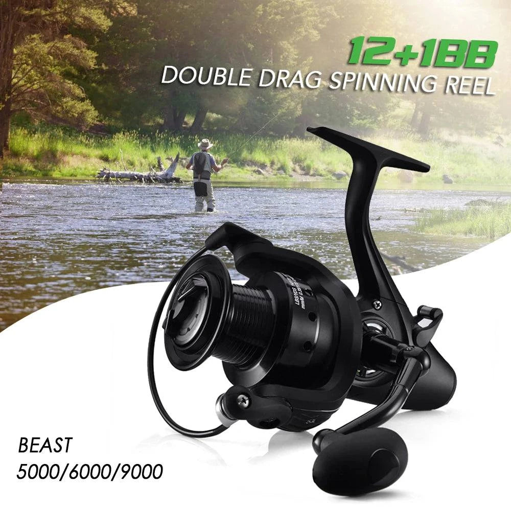 British Fashion 12+1 BB Spinning Reel with Front and Rear Double Drag Carp Fishing Reel Left Right Interchangeable for Saltwater Freshwater
