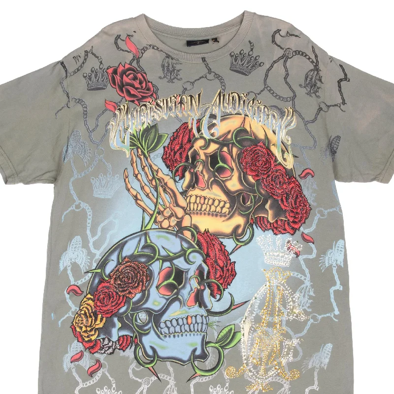 Must-have For Fashion VINTAGE CHRISTIAN AUDIGIER RHINESTONES SKULL TEE SHIRT 2000S XL MADE IN USA