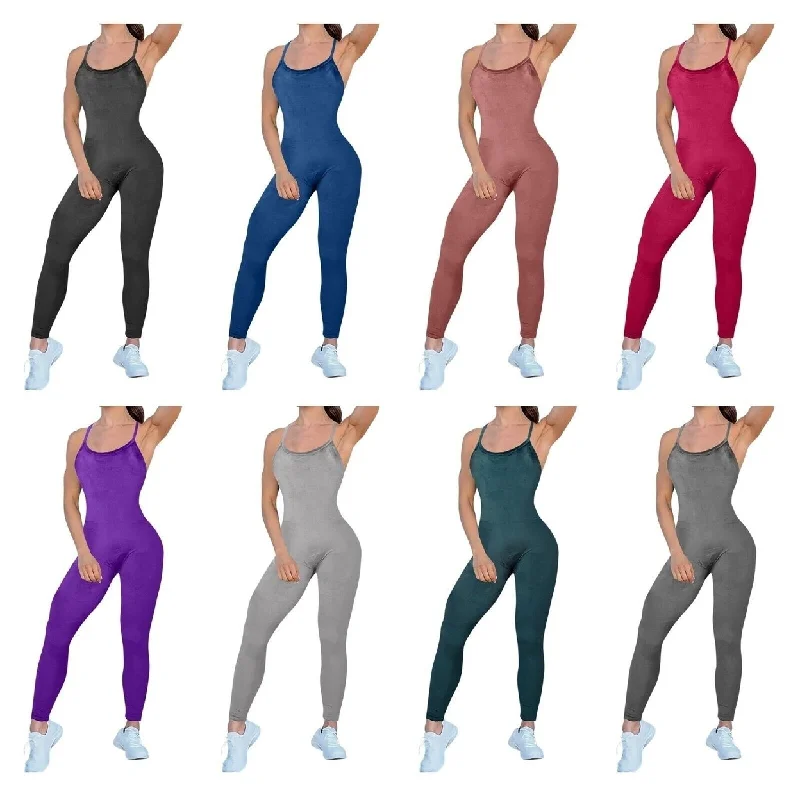 Classic Items Womens Velvet Spaghetti Strap Jumpsuit Ultra Soft Body Contour Activewear