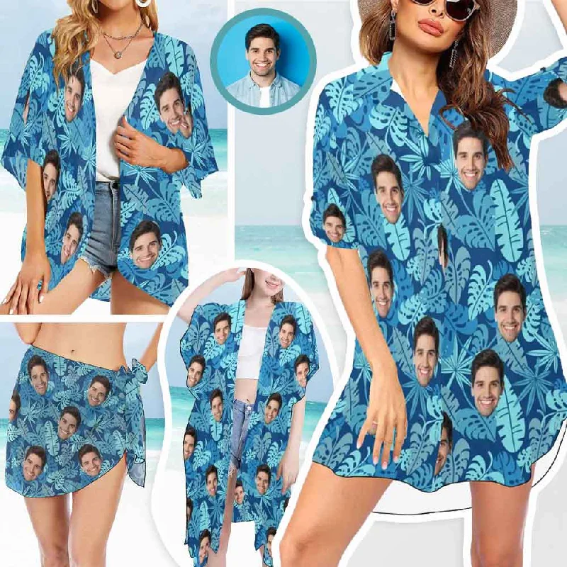 Free Design Custom Face Blue Leaf Women's Kimono Chiffon Cover Up Personalized Beach Wrap Cover Up Dress