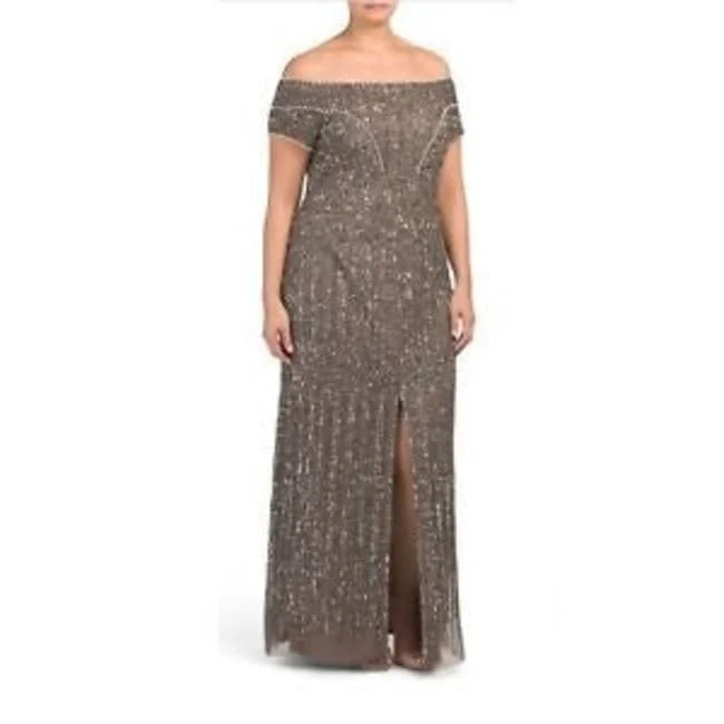 Cool Breeze At Night Adrianna Papell Women's Off-The-Shoulder Beaded Gown Brown Size 10