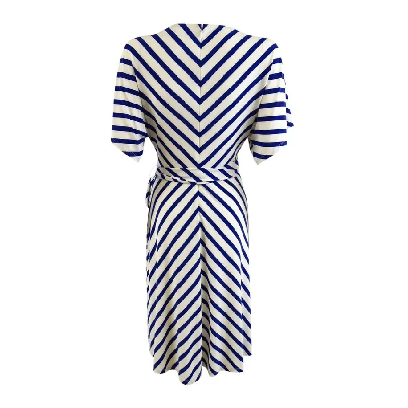 British Style Lauren Ralph Lauren Women's Chevron Jersey Wrap Dress (0, Cream/Blue)