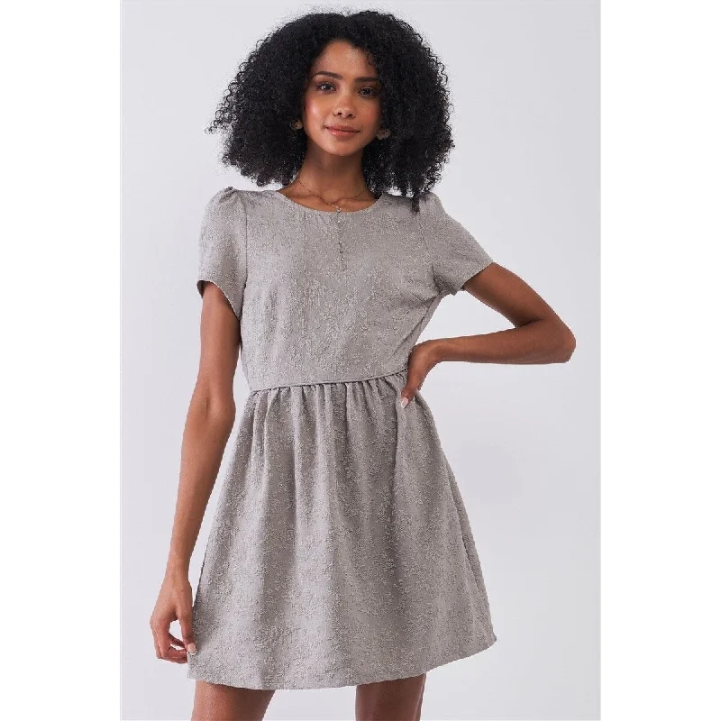 Girl Style Silver-Grey Floral Mini Dress With Round Neck and Short Sleeve