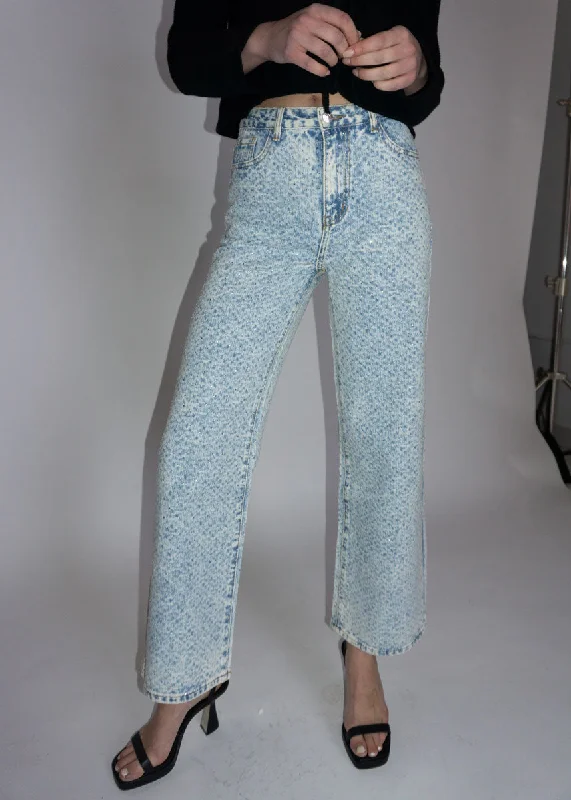 Fashionable and versatile Avaline Rhinestone High-Rise Wide Leg Jeans - Light Blue