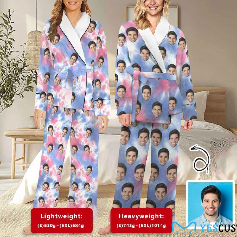 Casual Comfort Custom Face Photo Tie-dye 2 Piece Loungewear Set Personalized Women's Long Sleeve Tie Waist Pocket Flannel Pajama Set