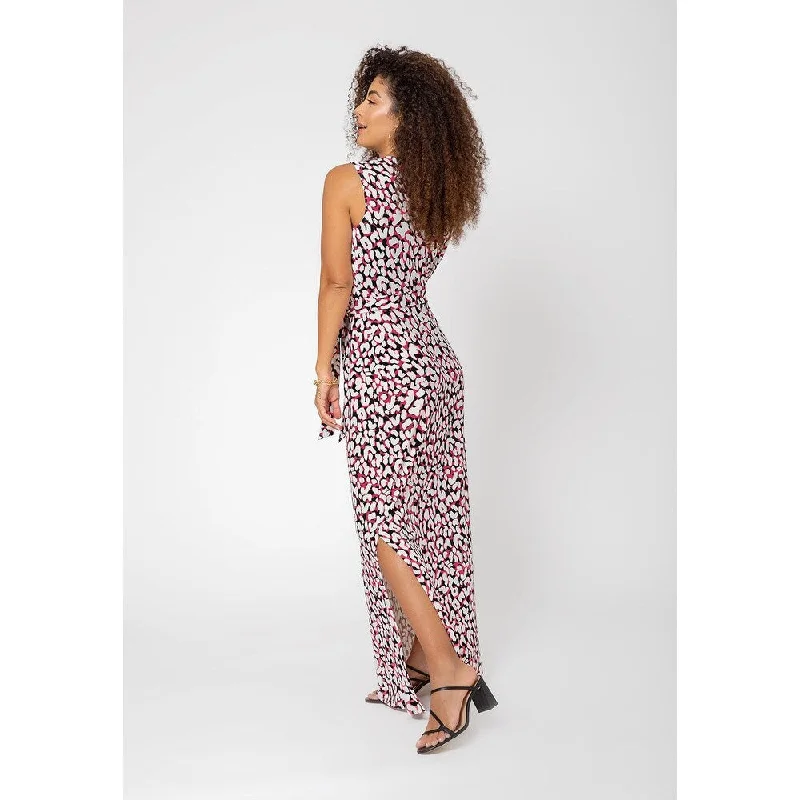 Lazy Style Leota Women's Sleeveless Perfect Wrap Maxi Dress In Brushstroke Leopard Fruit Dove White