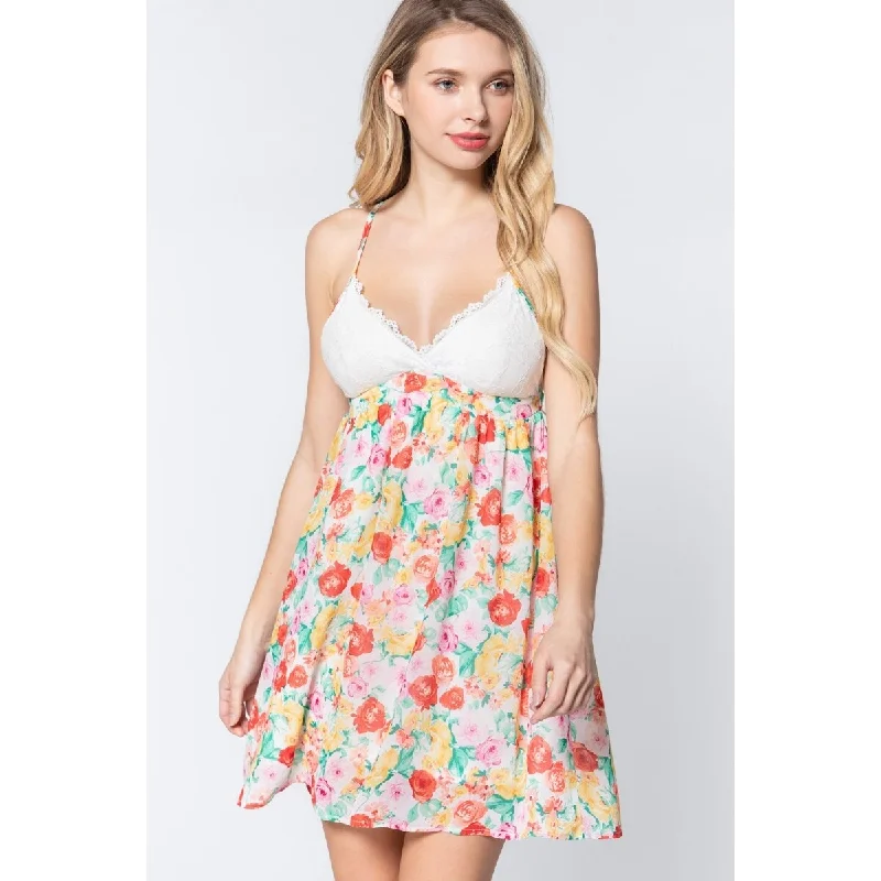 Chic Lounge Off-White Floral Polyester Mini Dress with V-Neck