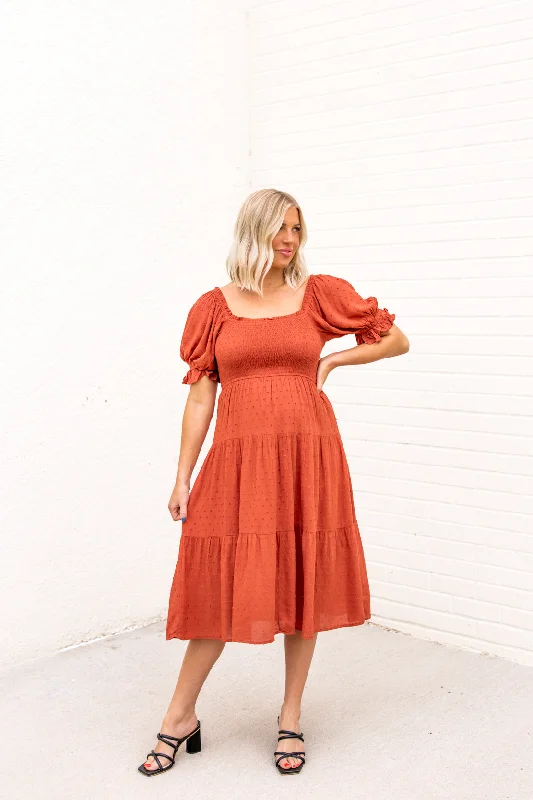 Luxury Style Jasmine Swiss Dot Midi Dress | Rust