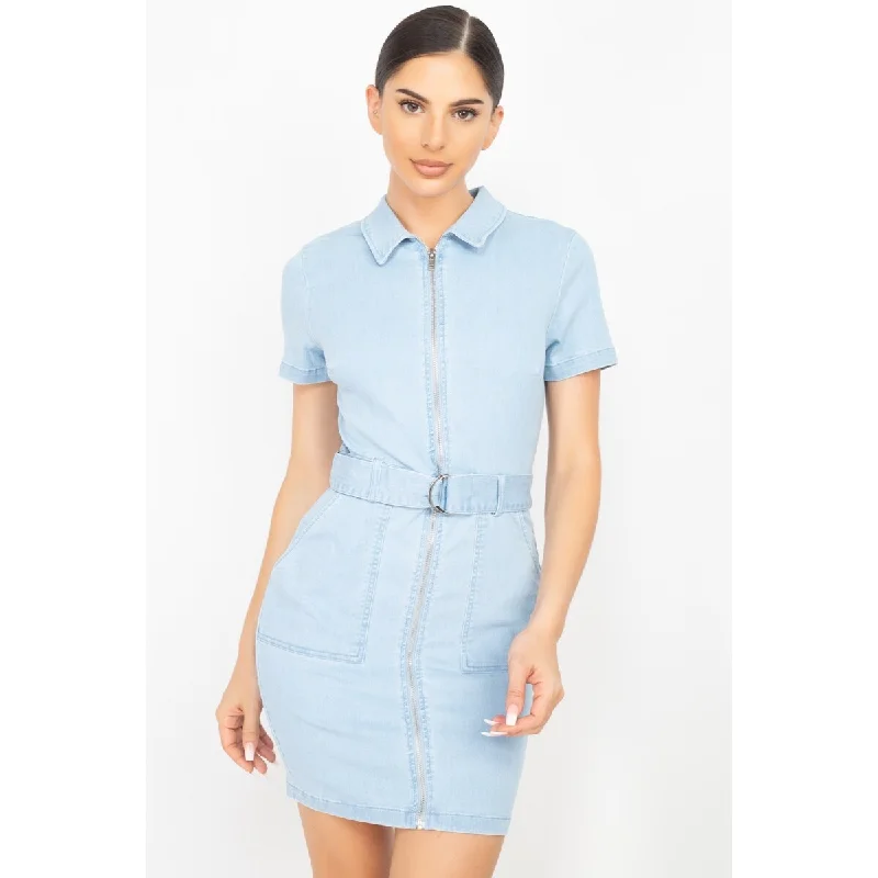 Advanced Design Light-Denim Belted Bodycon Collared Dress