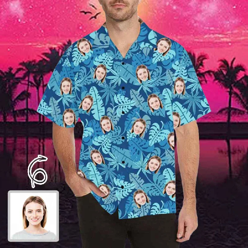 Weekend Wear Custom Hawaiian Shirts with Face Blue Leaves Tropical Aloha Shirt Birthday Vacation Party Gift for Husband