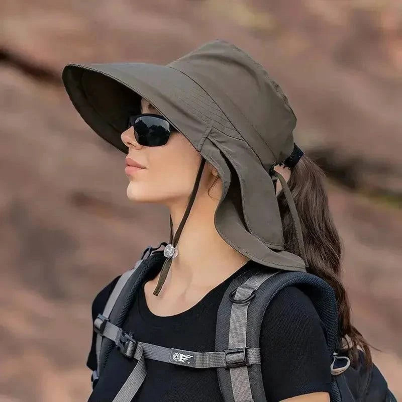 Easygoing Style Summer Hats for Women Outdoor UV Anti Neck Protection Sun Visors for Lady Fishing Hiking Wide Brim Shawl Sunscreen Ponytail Cap