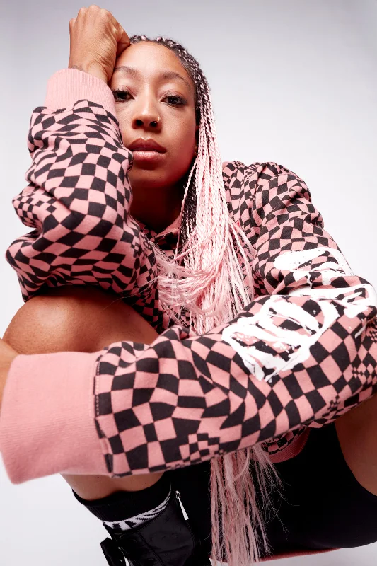 Cozy Fit Wear Broken Checks Hoodie - Dusty Rose