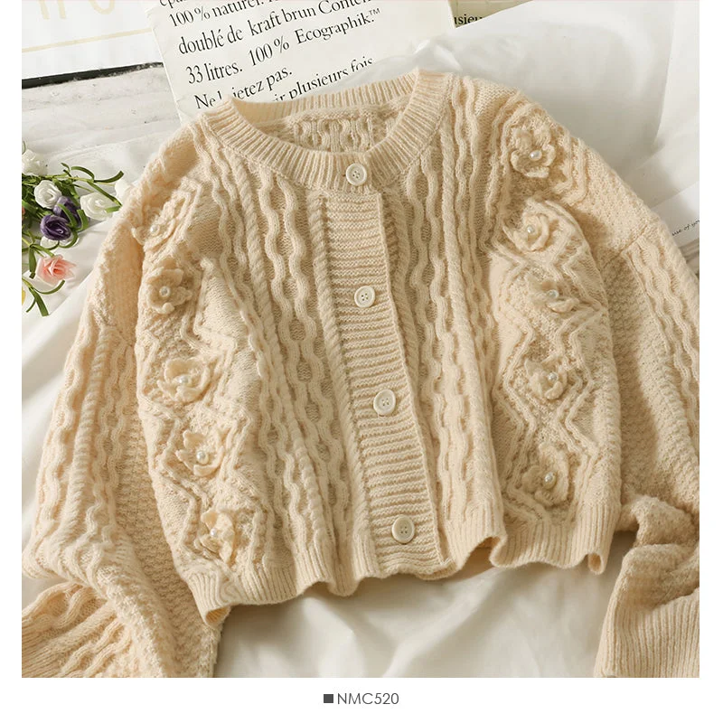 Energetic Sweater female nail bead three-dimensional flower single breasted cardigan top  1807