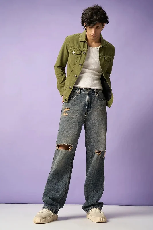 Cute Design Soft Storm Blue Men's Distressed Straight Fit Jeans