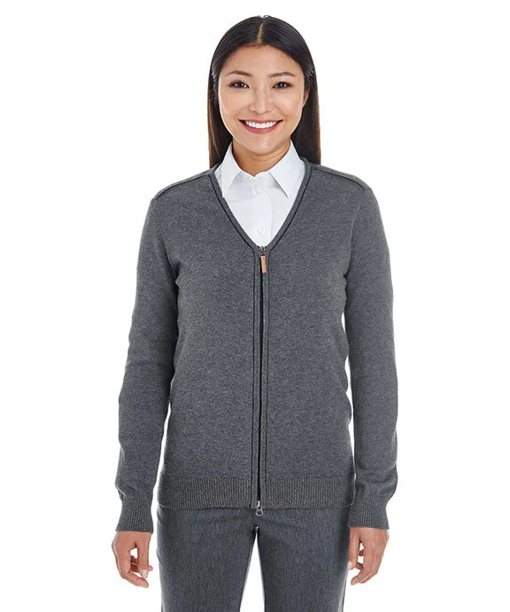 Comfortable Mind DG478W - Devon & Jones Ladies Manchester Fully-Fashioned Full-Zip Cardigan Sweater | Dark Grey Heather/Black