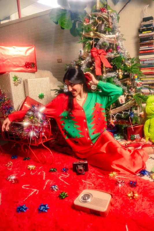 Unique Design Red/Green Christmas Tree Cardigan