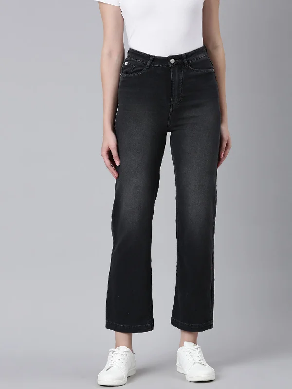 Fresh And Elegant Women Charcoal Solid Straight Fit Denim Jeans