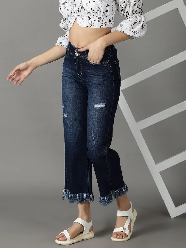 Breathable Style Women's Navy Blue Solid Wide Leg Denim Jeans