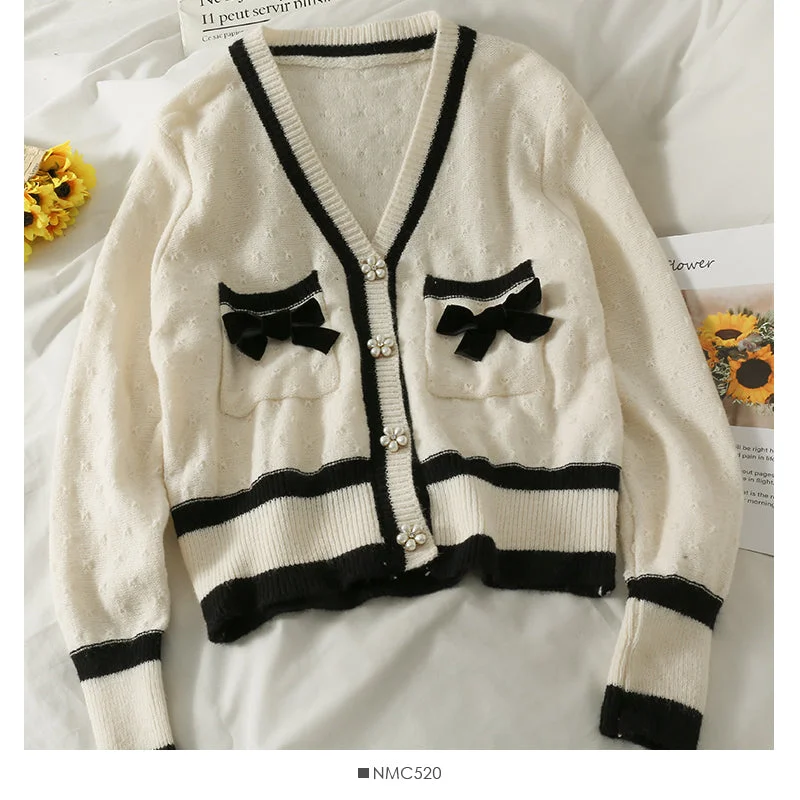 Energy Wear Bow decorative Beaded single breasted long sleeved top  1779