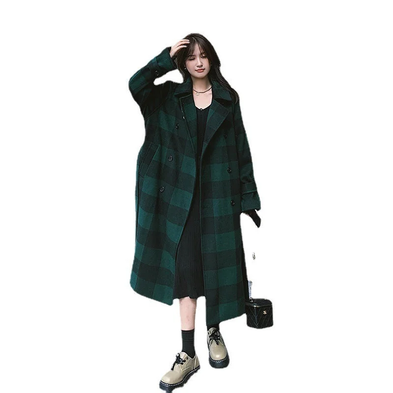 Soft Touch French Green Plaid Woolen Coat Is Lightly Cooked And Loose And Slim