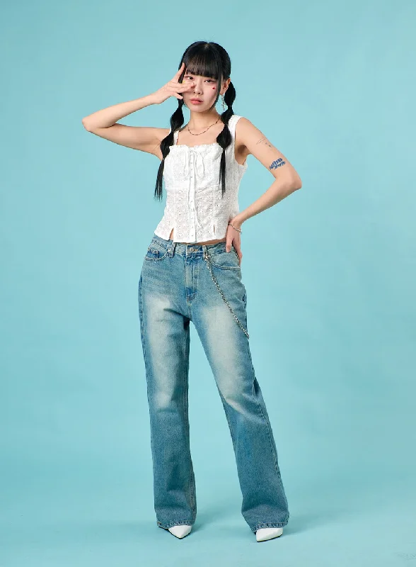 Single-shoulder Neck Design Washed Straight Leg Bootcuts Jeans IJ430