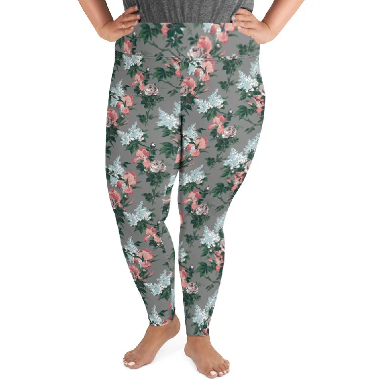Relaxed Chic Grey J'Adore Bella Roses Plus Size Stretch Leggings | Pinup Couture Relaxed
