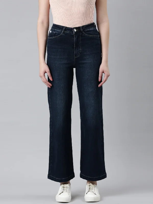 Comfortable And Simple Women Navy Blue Solid Wide Leg Denim Jeans