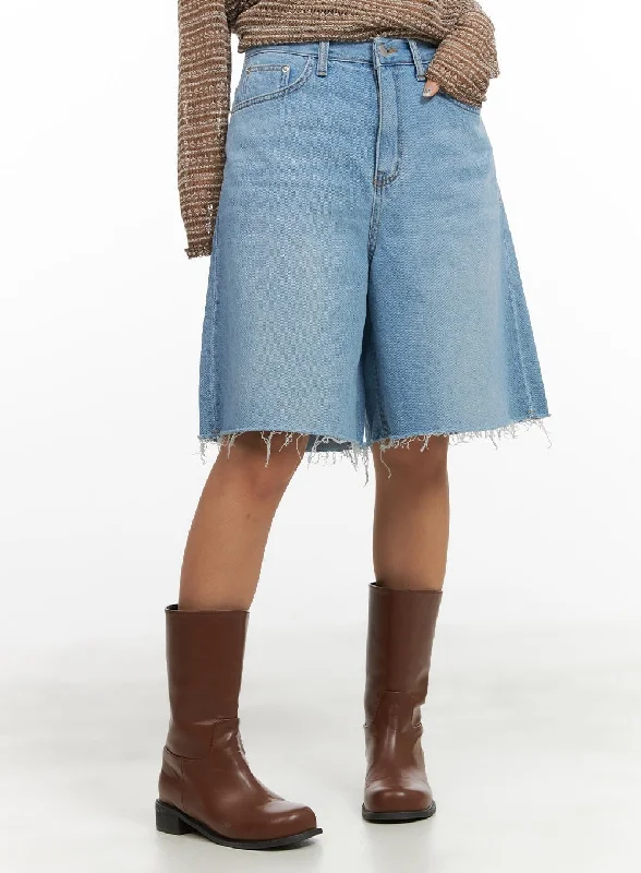 Printed pattern Light Washed Denim Wide Leg Jorts CY420