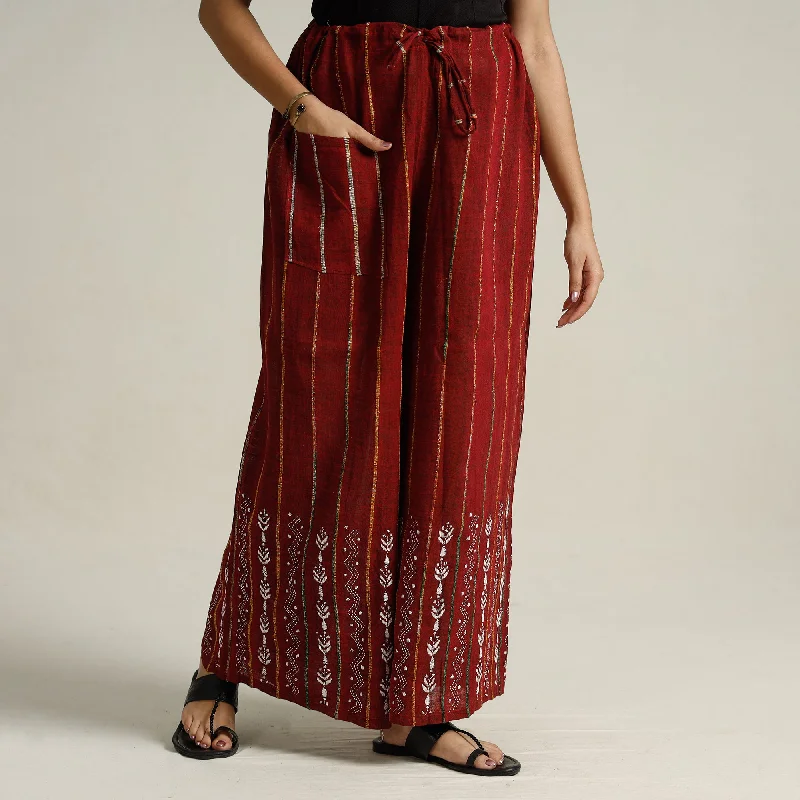 Street Casual Style Maroon - Bengal Khesh Weaving Kantha Embroidery Cotton Palazzo 80