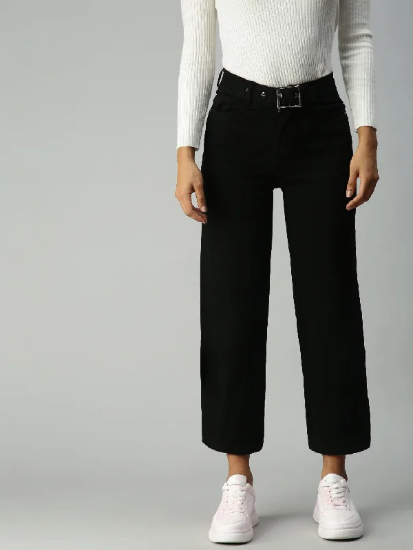 Elegant Wear Women's Black Solid Denim Wide Leg Jeans