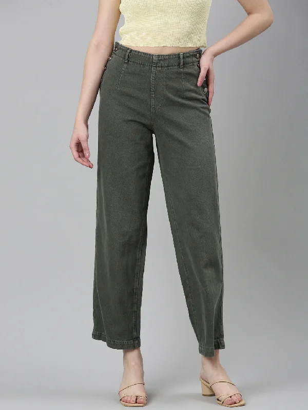Soft Textures Women Olive Solid Wide Leg Denim Jeans