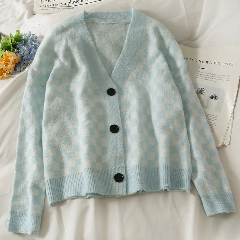 Fashion Selection Single breasted cardigan plaid sweater women's sweater  1789