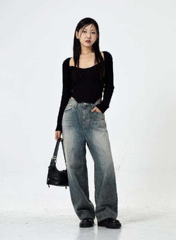 Comfortable Tops Wide Washed Jeans CS06