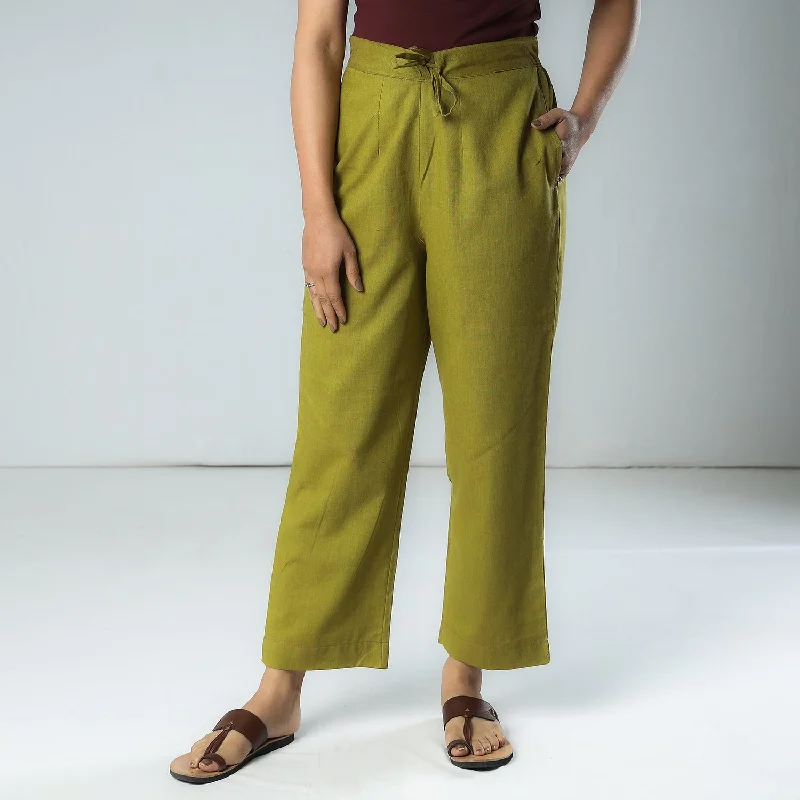 Literary Style Olive Green - Texture Plain Dyed Cotton Relaxed Fit Pant