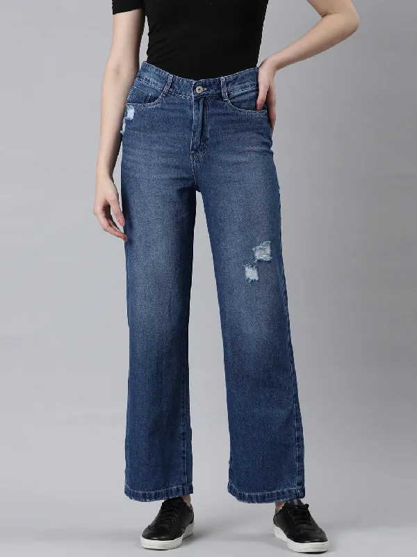 Luxury Classic Women Blue Solid Wide Leg Denim Jeans