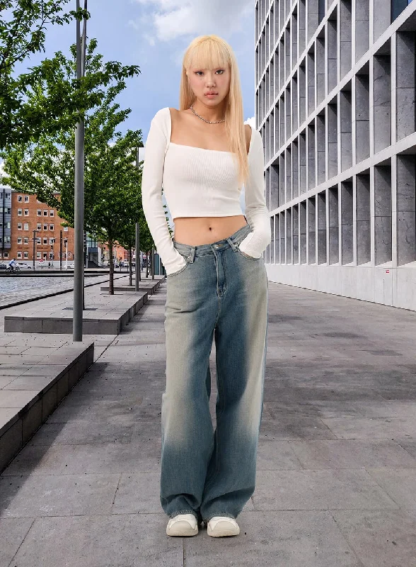 Street Vertical And Horizontal Design Washed Wide-Leg Jeans IN301