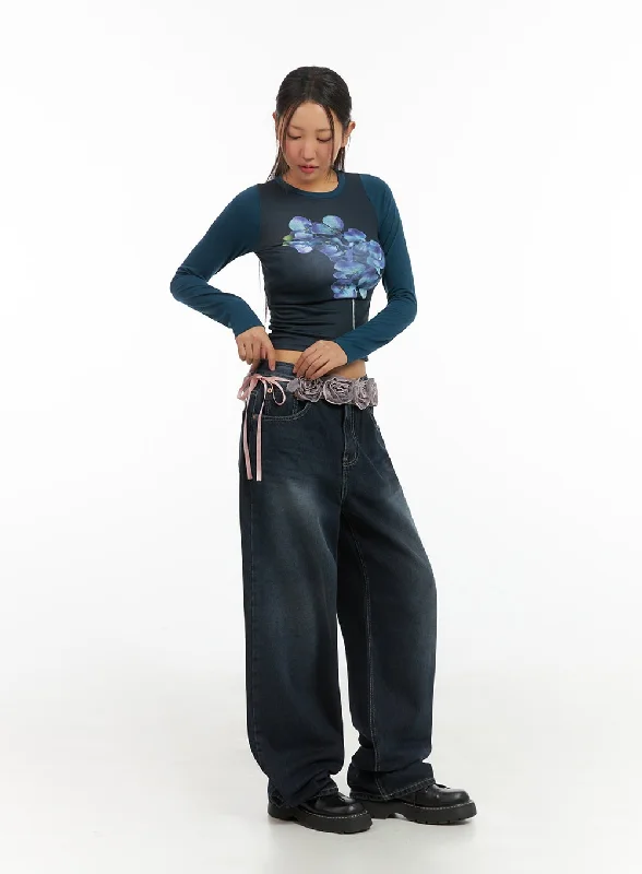 Lazy Style Evelyn Washed Baggy Jeans (Dark Blue) IS402