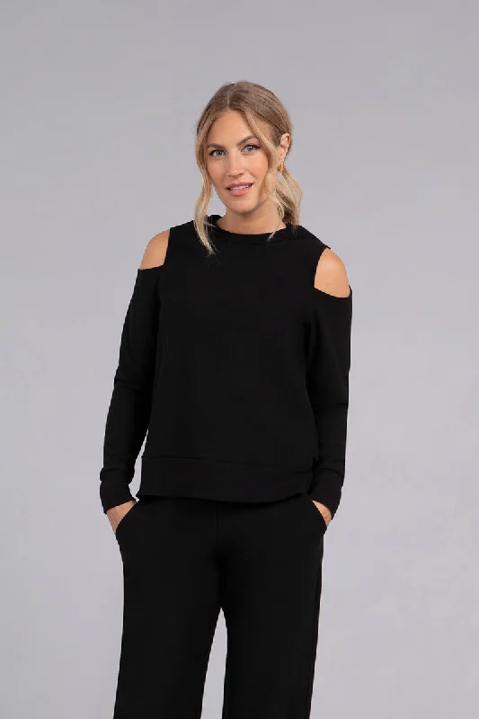 Street Fashion Style Bamboo Fleece Cut Out Shoulder Top | Black