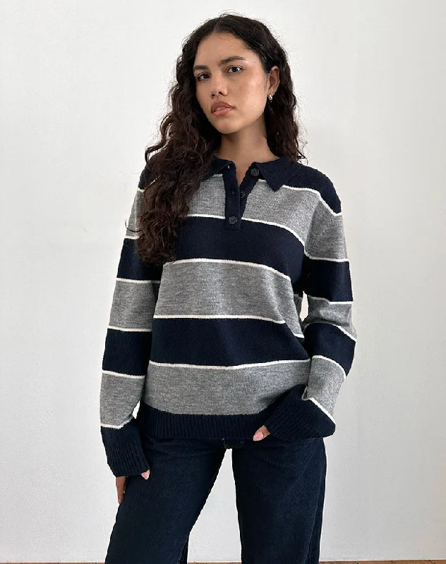 Fashionable And Fashionable Yusnada Oversized Rugby Jumper in Navy and Grey Stripe