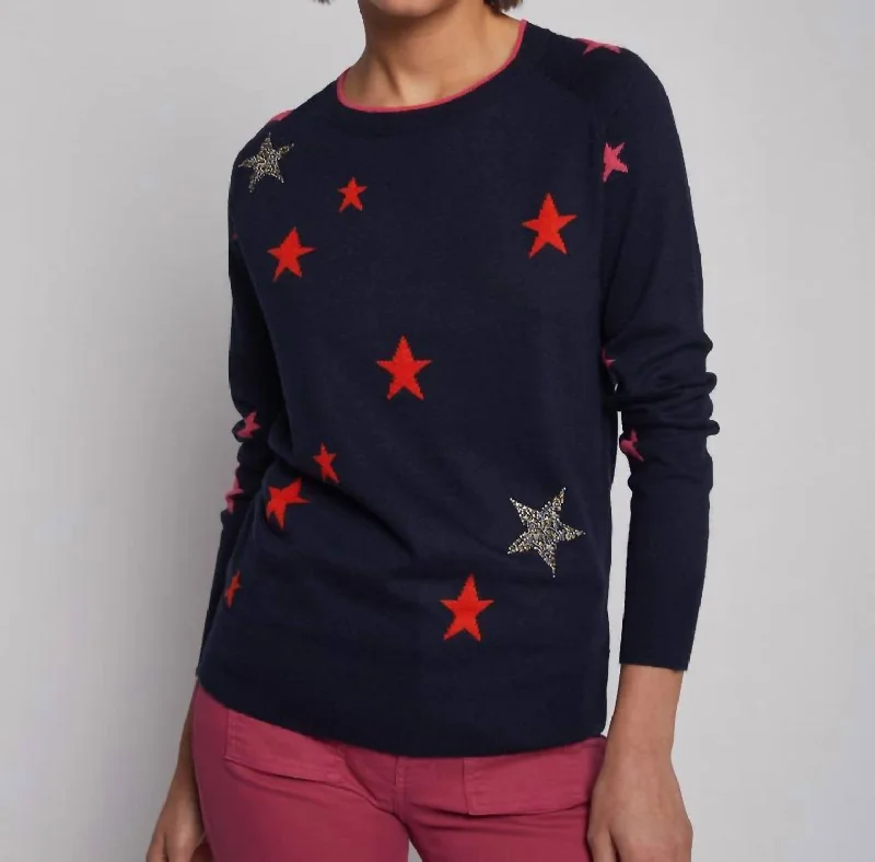 Black And White Style Intarsia Stars Sweater In Navy