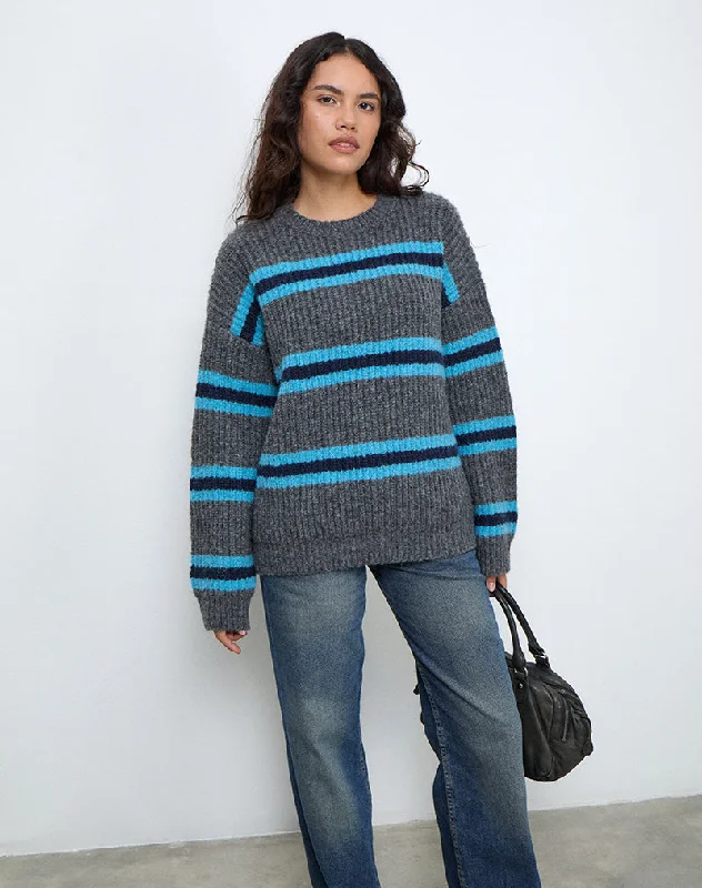 Versatile Comfort Lunet Knitted Jumper in Stripe Grey and Blue