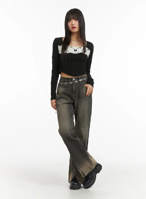 Simple Solid Color Denim Mid-Waist Solid Flared Jeans CJ415