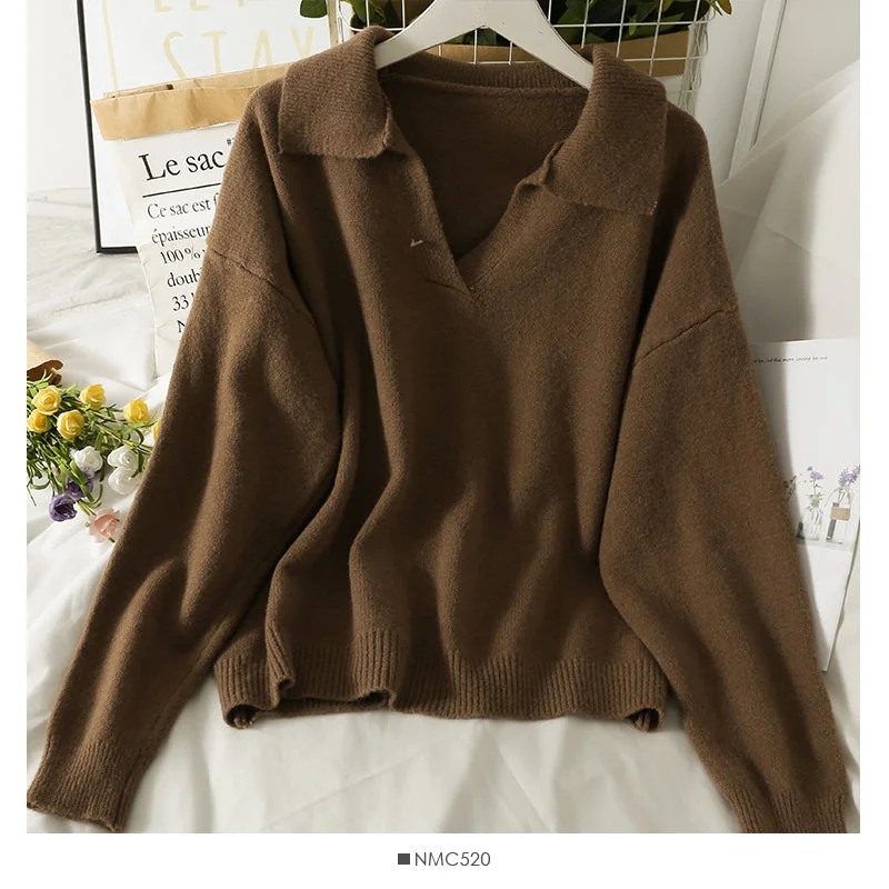Sports And Leisure New Vintage Lapel loose thin Pullover Sweater for women  1805
